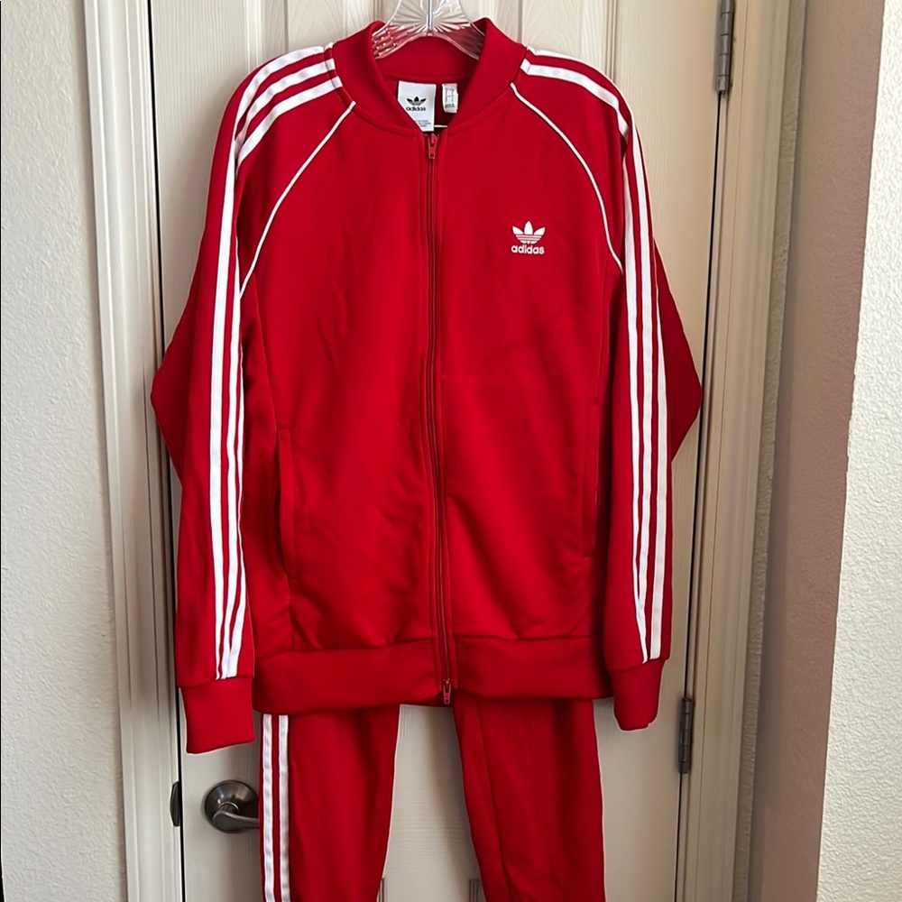 Adidas Red Tracksuit with White Stripes
